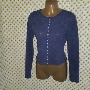 TypaGal Heather Blue Long Sleeve Henley Top Decorative Buttons Down Front